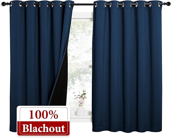 NICETOWN 100% Blackout Curtains with Black Liners, Thermal Insulated Full Blackout 2-Layer Lined Drapes, Energy Efficiency Window Draperies for Bedroom (Moroccan Blue, 2 Panels, 62" W by 63" L) - Image 2