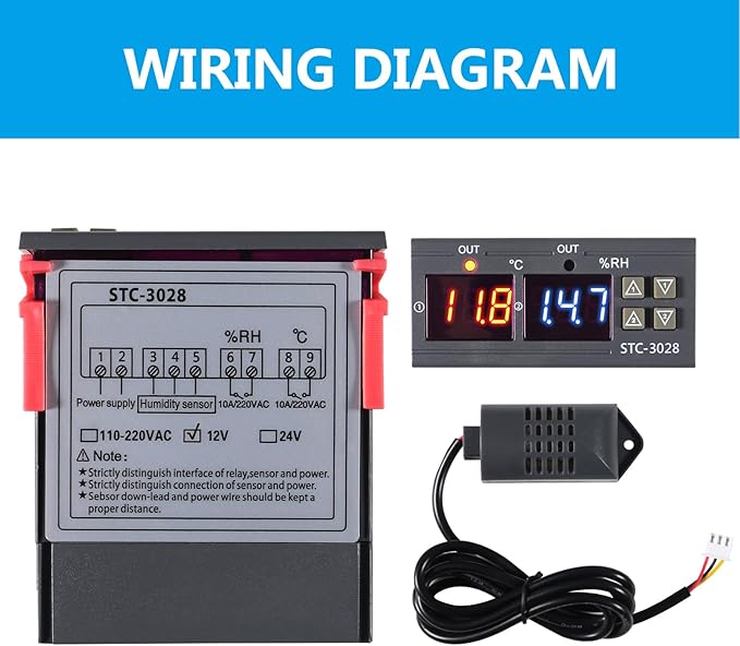 STC-3028 Temperature Controller 12V Temperature and Humidity Controller Meter with Integrated Sensor Dual Digital Display Thermometer Hygrometer Incubator Controller - Image 3