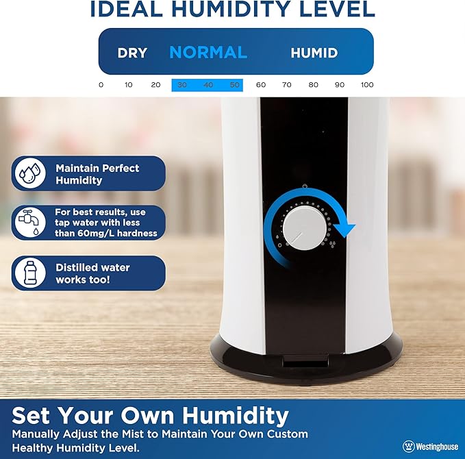 Westinghouse 28-inch Cool Mist Ultrasonic Tower Humidifier, 6L Top Fill Air Humidifier with Essential Oil Diffuser, Adjustable Mist Volume for Large Bedrooms - Image 5