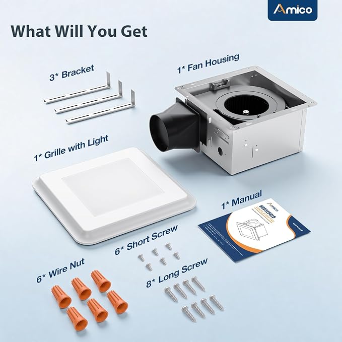 Amico Bathroom Exhaust Fan with Light, 110 CFM, 1.0 Sones, 5CCT, Easy Retrofit without Attic Access, Adjustable Bathroom Fan with light, Quiet Operation, ETL & FCC Certified - Image 8