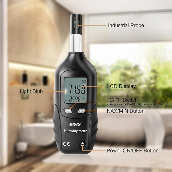 ERAY Digital Psychrometer Thermometer Hygrometer with Backlight, Temperature and Humidity Reader Meter Thermo-Hygrometer with Dew Point and Wet Bulb Temperature, 9V Battery Included(Black) - Image 4