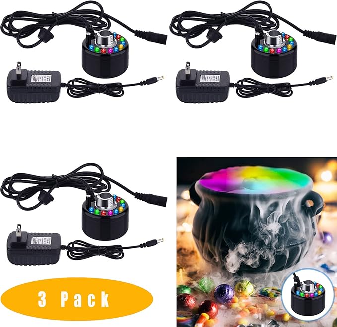 Yaomiao 3 Pcs Halloween Mist Maker Fogger Small Ultrasonic Fog Machine Fountain Mister Fogger Water Garden Pond Foggers Air Humidifier with 12 LED Light Flashes for Halloween (Black) - Image 2