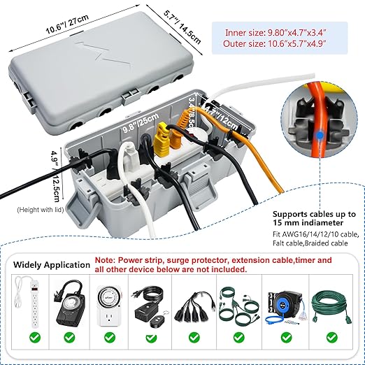Hrensaw Medium Outdoor Electrical Box(10.6x5.5x4.5inch),IP54 Waterproof Extension Cord Cover w/6 Cable Entry,Weatherproof Connection Box Protect Power Strip,Timer,Plug,Holiday Lights,Grey - Image 2