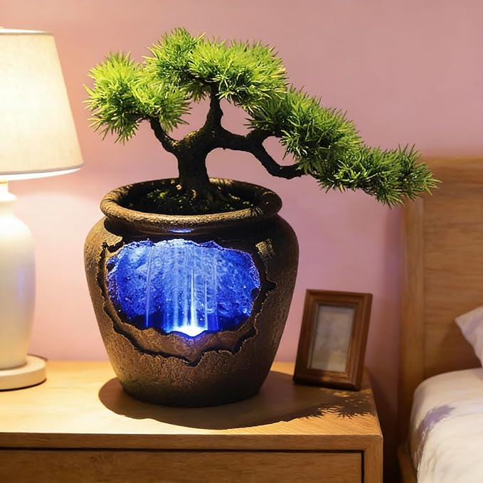 12Inch Fake Bonsai Tree Small Waterfall Fountain Indoor Tabletop Decoration with LED Lights and Water Flow, Resin Desktop Water Fountains Indoor Home Decor or Festival Birthday Surprise - Image 6
