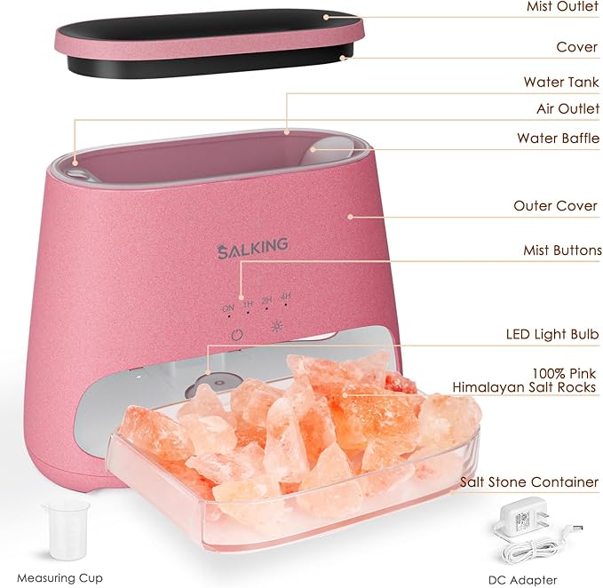 SALKING 2-in-1 Himalayan Salt Lamp & Ultrasonic Essential Oil Diffuser, Aromatherapy Diffuser Cool Mist Humidifier, Salt Therapy Lamp, 100% Pure Himalayan Salt, Ambient Glow, 150ml (Hot Pink) - Image 4