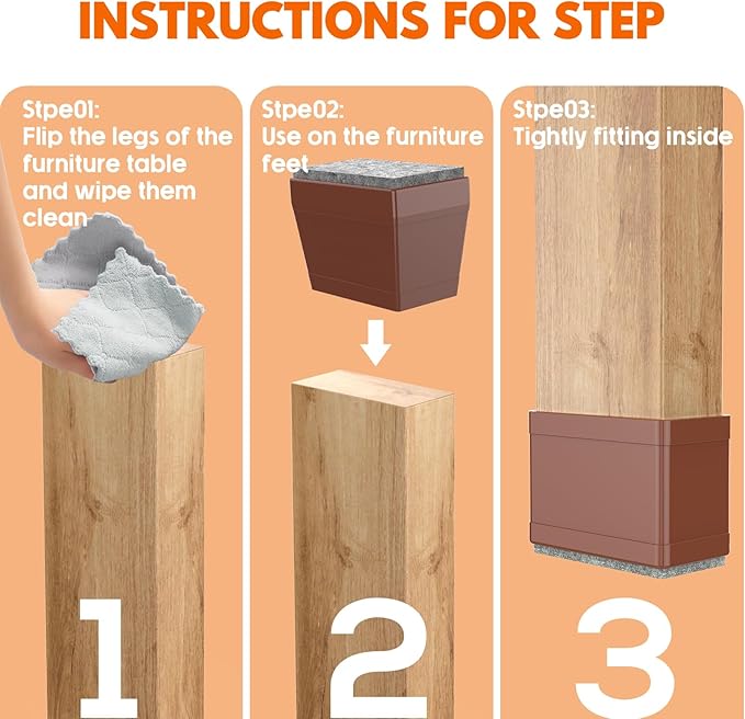 Rectangle Chair Leg Protectors for Hardwood Floors,16 PCS Silicone Covers to Protect Wood Tile Floors Felt Pads Furniture Leg Caps Reduce Noise. Easy to Move.(Brown,1 x 1.25 Inch,Rectangle) - Image 3