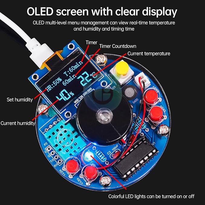 STEM Electronic DIY Kit Humidifier Soldering Project Kit, Temperature OLED Display Humidity Control, Auto-Off Timer and Memory Function Home Office - Image 9