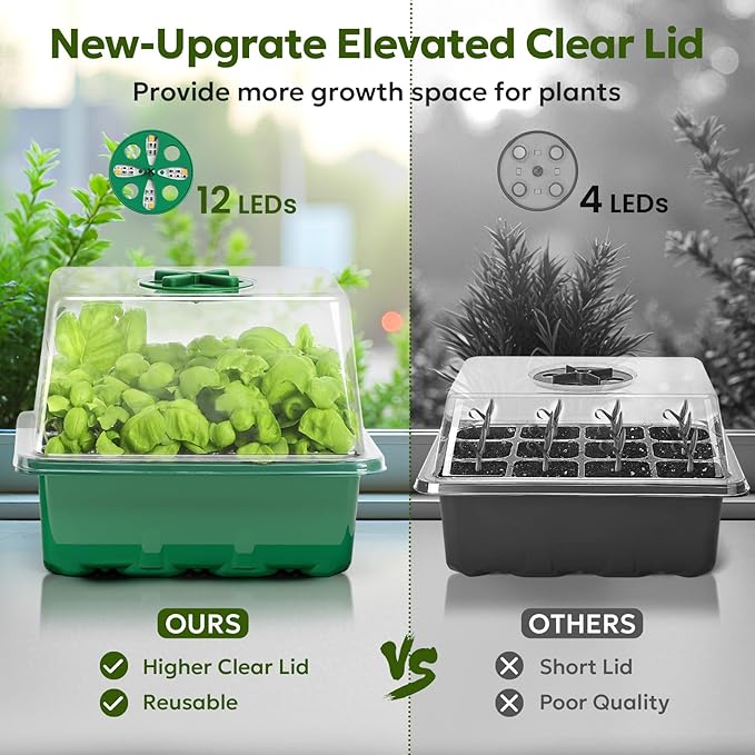 MIXC Seed Starter Kit with Grow Light, Elevated Seedling Tray Kit with Adjustable Humidity Dome and Clear Cell Tray, 12 Full Spectrum Led Beads for Seed Starting Greenhouse, 6 Pack, Green - Image 2
