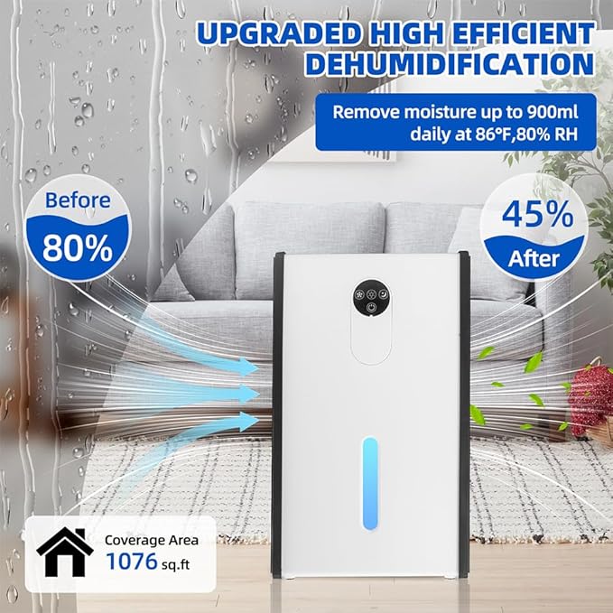 Dehumidifier for 1076 sq.ft,Quiet Portable Moisture Absorber with Auto Shut Off,Auto Defrost,72 OZ Water Tank,Drain Hose,7 Color LED Light,Sleep Mode for Basement Home Bedroom Bathroom RV - Image 2