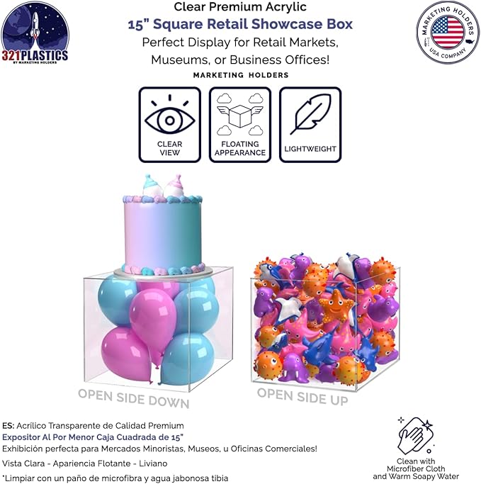2 Pack 15" Acrylic Display Riser Box with One Open Side Versatile Clear No Lid One Piece Counter or Tabletop Merchandise Storage Bin or Retail Product Throne No Assembly by Marketing Holders - Image 2
