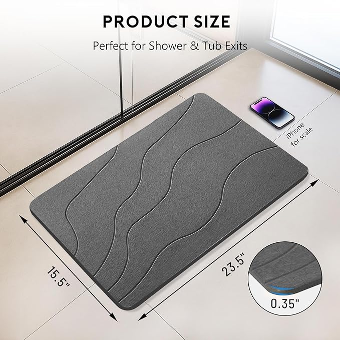 Stone Bath Mat for Shower Exit, Quick-Dry Diatomaceous Earth Bath Mat, New Apartment Essential & Housewarming Gift, 23.5" x 15.5" Dark Gray-Wave - Image 2