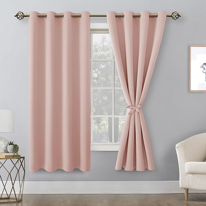Hiasan Blackout Curtains for Bedroom, 52 x 63 Inches Length - Thermal Insulated Light Blocking Window Curtains for Living Room, 2 Drape Panels Sewn with Tiebacks, Blush - Image 2