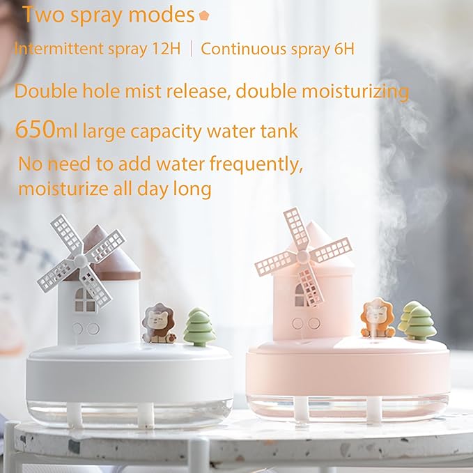 Ultrasonic Humidifiers for Bedroom and Office,Cold fog humidifier with music box, rotary windmill baby humidifier with night light, dual nozzle, two spray modes and ambient light - Image 5