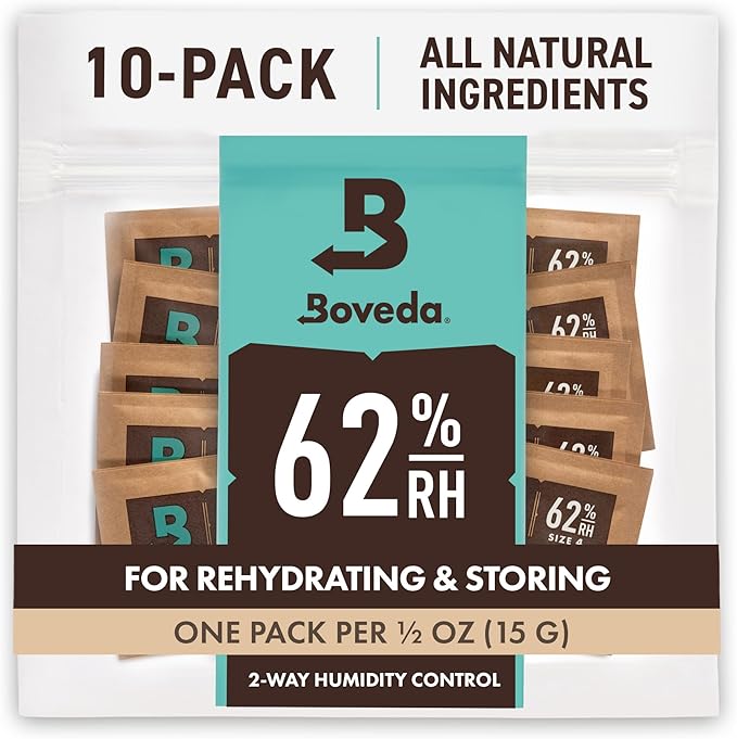 Boveda 62% Two-Way Humidity Control Packs For Storing ½ oz – Size 4 – 10 Pack – Moisture Absorbers for Small Storage Containers – Humidifier Packs – Hydration Packets in Resealable Bag by Boveda