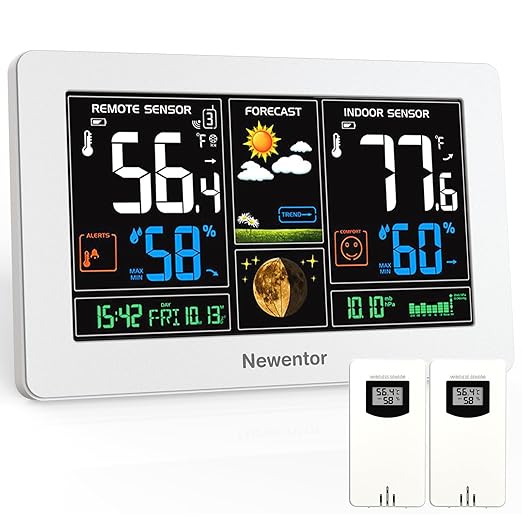 Newentor Weather Station Wireless Indoor Outdoor Thermometer, Color Display Digital Weather Thermometer with Atomic Clock, Barometric Pressure, Forecast Station with Adjustable Backlight,White,2Sensor by Newentor