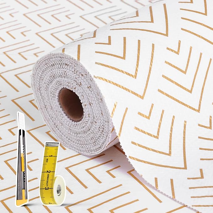 Shelf Liner for Kitchen Cabinets 11.8 x 236.2IN Non Adhesive Drawer Liner Non-Slip Thickened Shelf Liner Paper Strong Easy to Clean for Tool Box Refrigerator with Knife and Tape Measure, Gold Arrow by Oneoftheworld