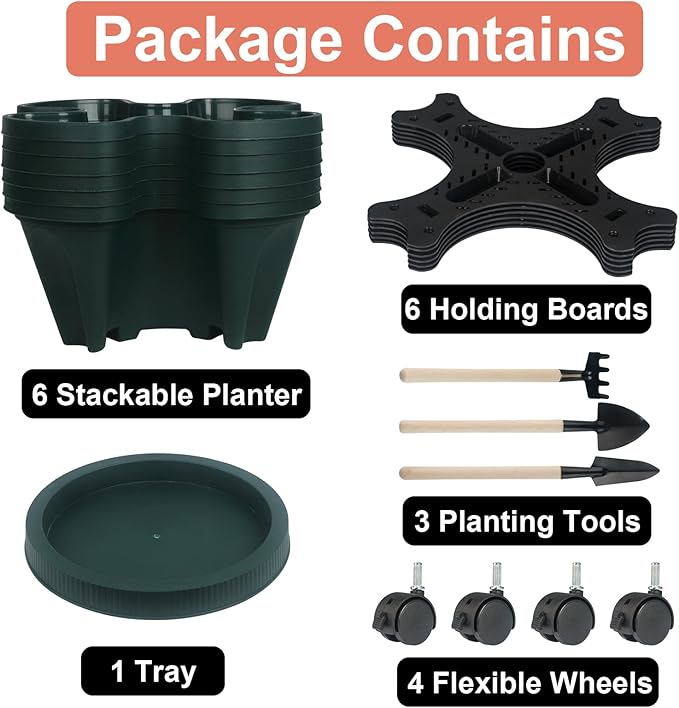 GameXcel Vertical Planter 6 Tier Stackable Planters Garden Planters Strawberry Herb Flower and Vegetable Planter Indoor Outdoor Gardening Pots with Removable Wheels and Tools - Image 8