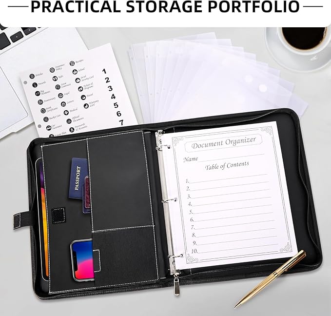 Antner Important Document Organizer Zipper Binder Family Life Emergency Portfolio Waterproof Document Bag for Birth Certificate Protector, Faux Leather Portfolio in Case I Go Missing Binder for Home - Image 2