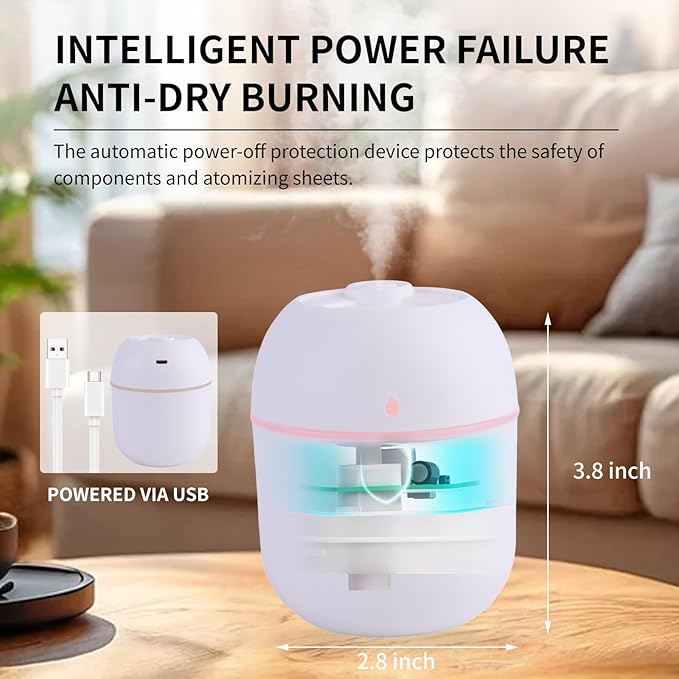 Portable Mini Humidifier Small Cool Mist Humidifier Personal Desktop USB Powered Super Quiet for Travel Car,Office,Baby Bedroom, Night Light, 2 Mist Modes, Auto Shut-off - Image 2