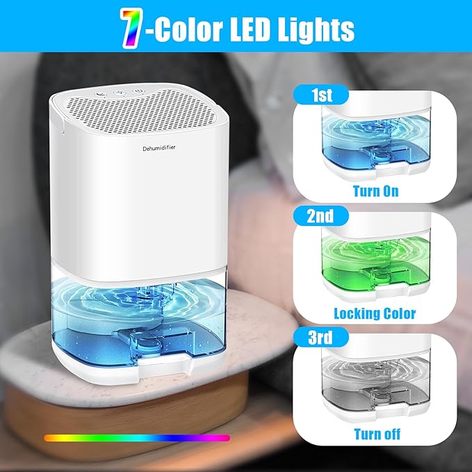 Dehumidifiers for Home 35OZ Small Dehumidifier for Bedroom 2500 Cubic Feet(350sq ft) with 7 LED Lights, Ultra Quiet & Auto Shut off Dehumidifier for Bathroom Basement Closet Garage - Image 3