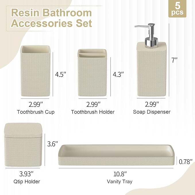 Beige Bathroom Accessories Set 5 Pieces, Resin Toothbrush Holders Set Complete with Soap Dispenser, Toothbrush Holder, Vanity Tray, Bathroom Tumbler and Qtip Holder for Small Spaces - Image 7