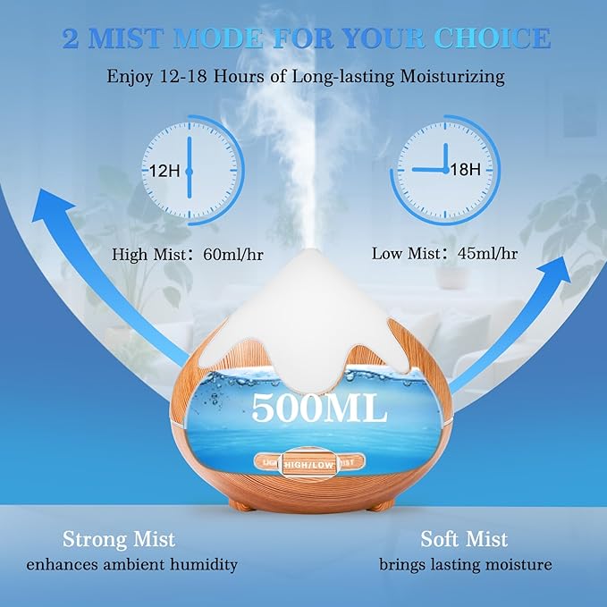 500ML Essential Oil Diffuser, Aromatherapy Diffuser with Remote Control, Multifunctional Air Diffusers for Home Office Room, Fragrance Aroma Diffuser with 7 Color LED & 2 Mist Mode, Light Brown - Image 3