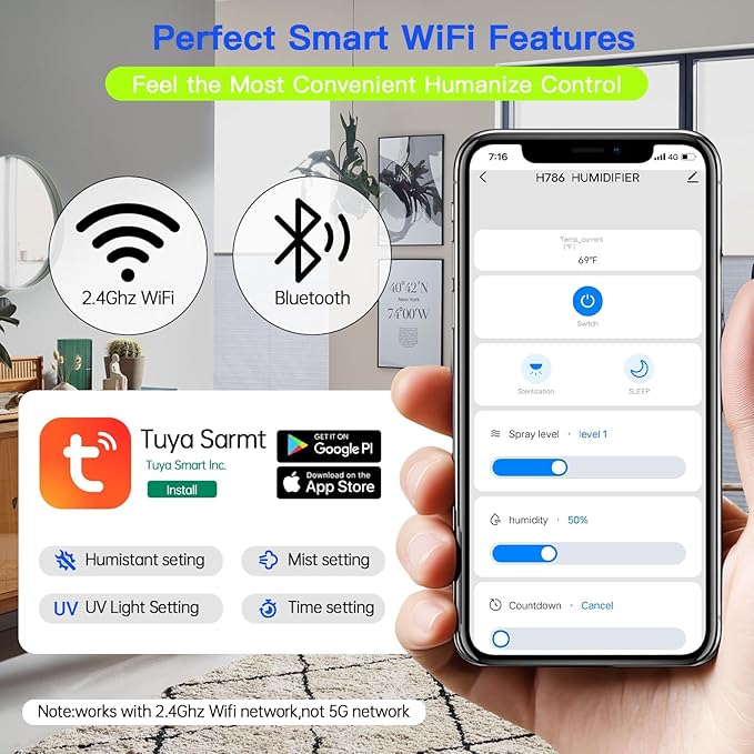 Smart Humidifiers Large Room Bedroom Home, 2.11Gal(8L) Quiet Top Fill Cool Mist Humidifier, Smart App & Remote Control, 3 Speed Humidifier with 360° Nozzle, Humidity Setting for Baby Office(Blue) - Image 5