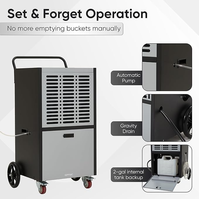 290 Pints Commercial Dehumidifier for Basements & Industrial Spaces – Built-In Pump, Drain Hose, Continuous Operation, 2-Speed Fan, 24000 Sq Ft Coverage - Image 4