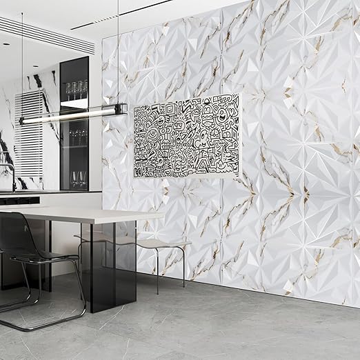 Art3dwallpanels 33 Pack 3D Wall Panel Diamond for Interior Wall Décor, PVC Textured Wall Panels, 12''x12'' Cover 32.Sq.Ft. Gold Veined White - Image 9