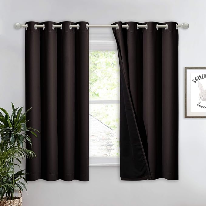 NICETOWN Complete 100% Blackout Curtain, Thermal Insulated & Energy Efficiency Window Drapery with Black Liner, Noise Reducing Short Curtain for Kids Room (Brown, 52-inch W by 63-inch L, 1 Panel) by NICETOWN