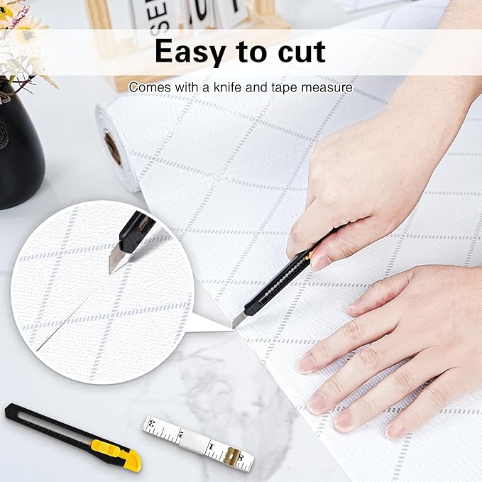 Shelf and Drawer Liner for Kitchen Cabinet,18 in x 20 FT Non-Adhesive Rhombus Cabinet Liners for Shelves Non-Slip Waterproof Kitchen Drawer Liners Contact Paper Shelf Paper with Knife and Tape Measure - Image 4