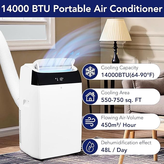 14,000 BTU Portable Air Conditioner Cools up to 750 Sq.Ft, 3-in-1 Quiet Portable AC Unit with Remote Control & Installation Kits for Large Room, 3 Speed, Auto Swing, 24H Timer - Image 2