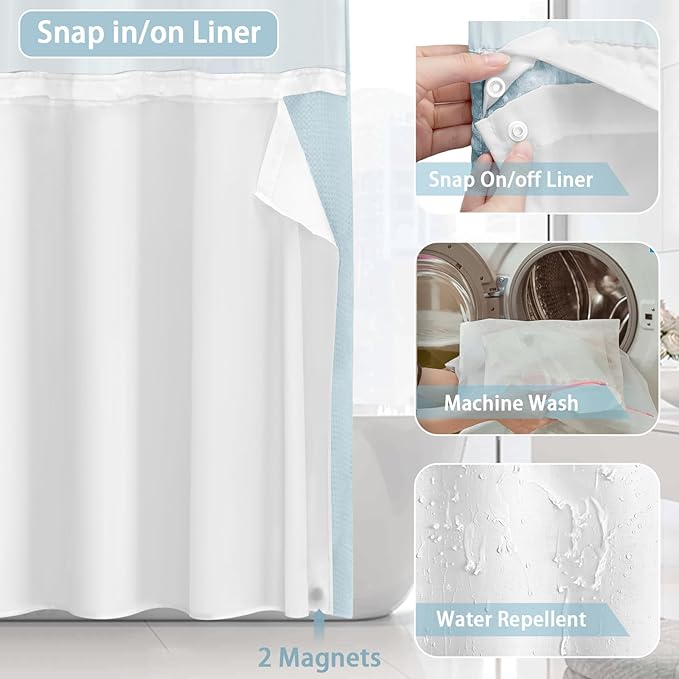 No Hook Shower Curtain and Liner Set,Teal Hotel Waffle Shower Curtain with Liner 75" L x 72" W - Image 4