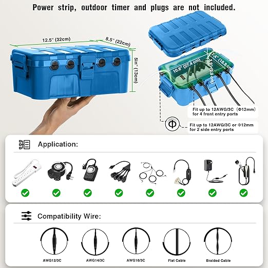 Flemoon Large Outdoor Electrical Box (12.5 x 8.5 x 5 inch), IP54 Waterproof Outdoor Extension Cord Cover Weatherproof, Protect Outlet, Plug, Socket, Timer, Power Strip, Holiday Light Decoration, Blue - Image 2