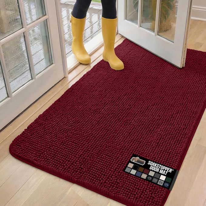 GORILLA GRIP SOAKSTOPPER Dog Door Mat, 60x36 Machine Washable Rug Absorbent Doormat Captures Moisture Mud Dirt, Quick Dry Soft Chenille Entryway Rugs Indoor Entrance Mats for Dog Paws, Burgundy by GorillaGrip