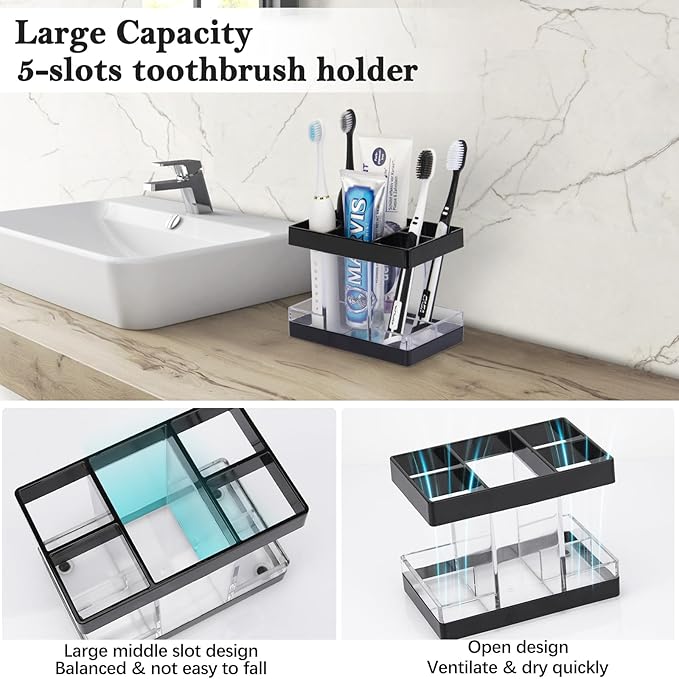 Toothbrush Holders for Bathrooms Countertop Organizer - Electric Toothbrush Holder Set, 5 Slots Toothbrush and Toothpaste Holder, Makeup Brush Storage Caddy for Family Kids (Black) - Image 4