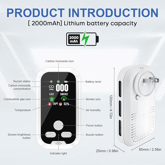 2-Pack 5 in 1 Carbon Monoxide Smoke Combustible Gas Detector Portable Plug in CO Detector with HD Screen Display Temperature Humidity CO Level Alarms Battery Operated - Image 6