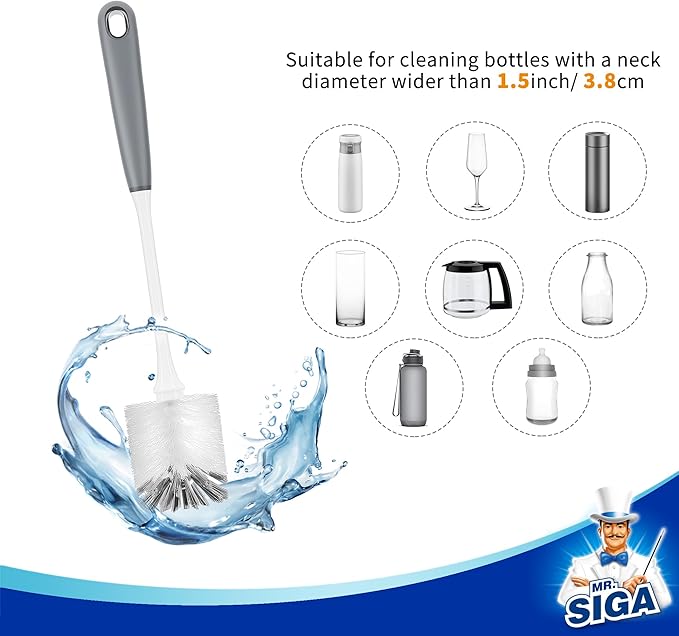 MR.SIGA Long Handle Bottle Brush, Flexible Scrub Brush for Water Bottles, Glasswares, Mugs, Gray, 2 Pack - Image 3