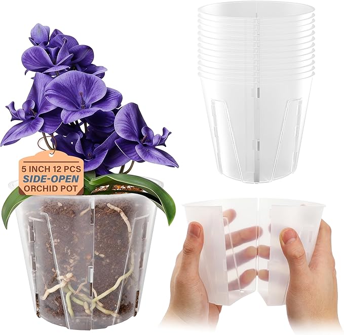 5 Inch Side-Open Orchid Pots 12 Pack, Clear Plastic Nursery Planters with Detachable Side Walls for Easy Repotting, Breathable Slotted Flower Pots with Drainage for Root Health by Bluepro