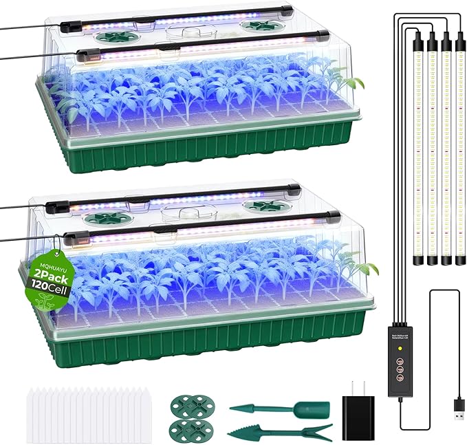 120 Cells Seed Starter Tray with Grow Light, Smart Timer， Seedling Starter Kit with Humidtiy Dome, 3/6/12H Timer，Germination Kit For all plants including cucumbers, tomatoes etc.Plant Seed（2Pack ） by MQHUAYU