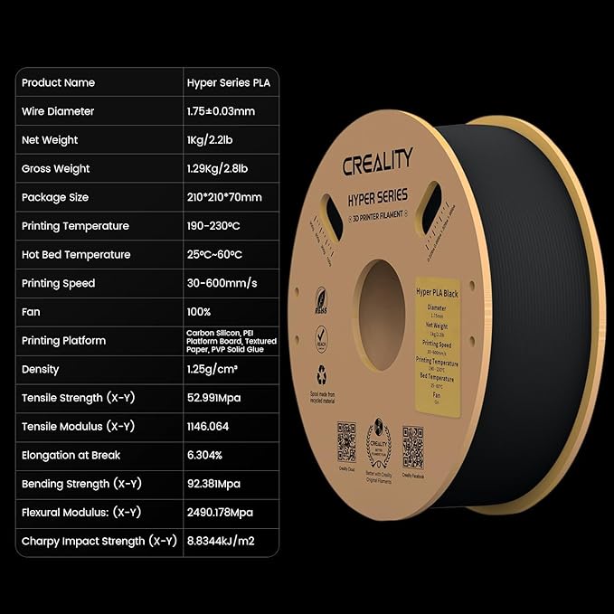 Creality Hyper 3D Printer PLA Black Filament High Speed Printing 1.75mm 2.2lbs Spool ±0.03mm Dimensional Accuracy Flow Durable Resistant Smooth for Ender 3 v3 Plus KE K1 Max K1C 3D Printers - Image 2