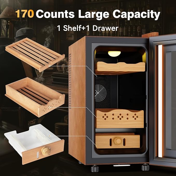 Electric Cooler Cabinet 25L with Temperature and Humidity Control, Leather Finish, Spanish Cedar Wood Shelves and Safety Lock (200 Counts Capacity), Gift for Men - Image 7