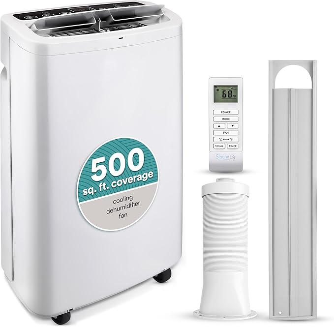 SereneLife Small Air Conditioner Portable 14,000 BTU with Built-in Dehumidifier - Portable AC unit for rooms up to 650 sq ft - Remote Control, Window Mount Exhaust Kit by SereneLife