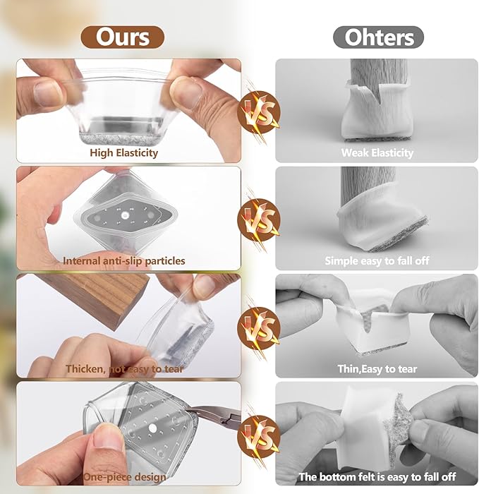 16Pcs Square Chair Leg Floor Protectors with Thickened Felt Pads Silicone Chair Leg Covers Caps to Protect Hardwood Tile Floors Furniture Feet Reduce Noise (Clear L Fit 1.14"-1.42") - Image 4