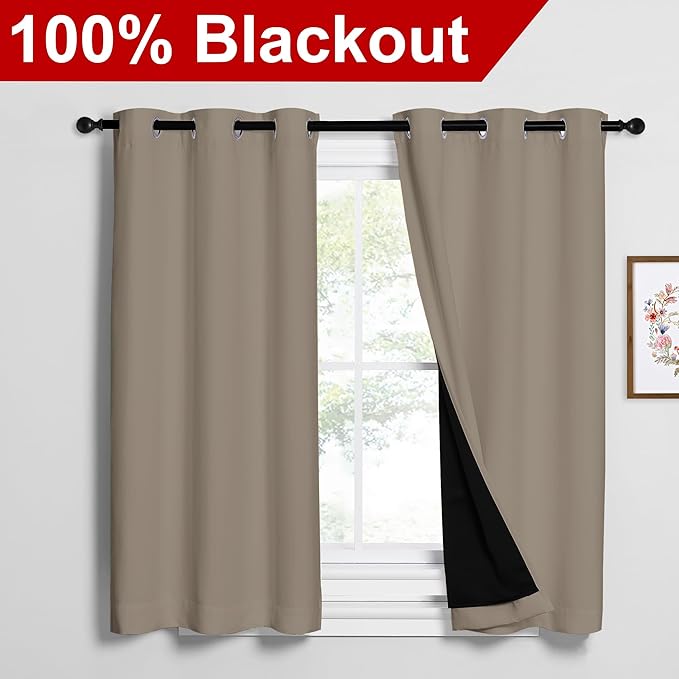 NICETOWN Taupe 100% Blackout Curtains 2 Panels with Black Liners, Thermal Insulated Full Blackout 2-Layer Lined Drapes, Noise Cancellation Window Draperies for Dining Room (42-inch W by 54-inch L) - Image 2