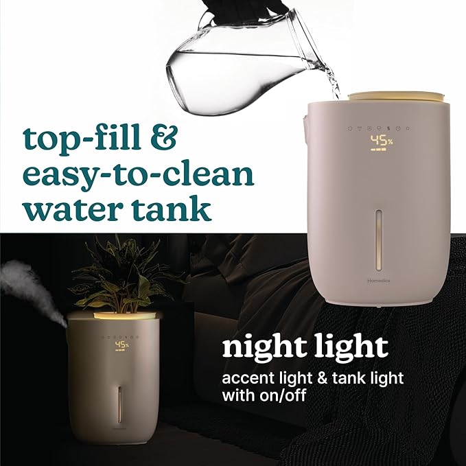 Homedics Natura Ultrasonic Warm & Cool Mist Humidifier, 1.3-Gal for Large Rooms, 60-Hr Runtime, Plant Holder, Programmable Humidity, Auto Shutoff, Nightlight Small Plant Compatible(Plant Not Included) - Image 7