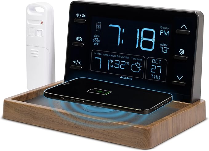 AcuRite Weather Valet with Qi-Certified Wireless Charging Pad, Auto-Dimming LCD Screen, Alarm Clock, Hyperlocal Forecast, Outdoor Temperature and Humidity Measurements, Indoor Temperature Reading by AcuRite