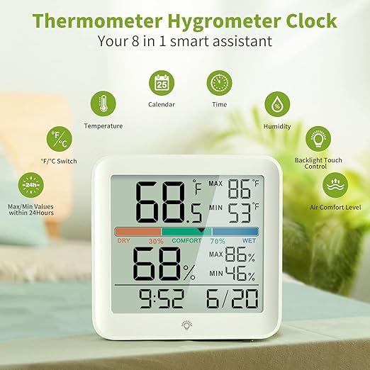 Indoor Thermometer Room Temperature Home Hygrometer Humidity Gauge, Accurate with Calibration, Backlight, Air Comfort Indicator, 24H Max Min Records, Time, Date (AAA Batteries Included) - Image 2