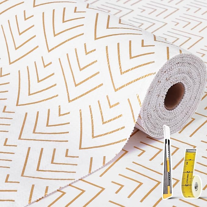 Shelf Liner for Kitchen Cabinets Non Adhesive Drawer Liner Non-Slip Thickened Shelf Liner Paper Strong Easy to Clean for Tool Box Refrigerator with Knife and Tape Measure, Gold Arrow, 23.6in x 39.37FT by Oneoftheworld