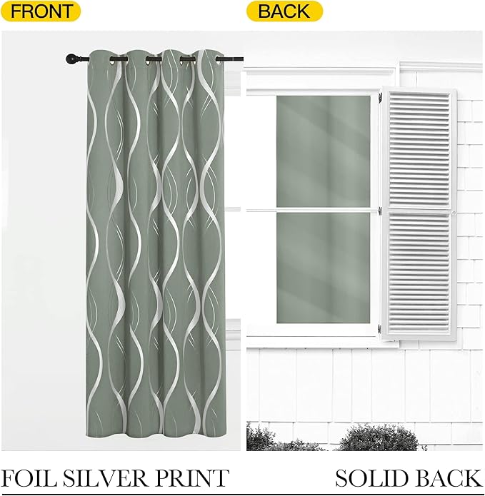 NICETOWN Greyish Green Curtain Panels for Bedroom, 2 Panels, 52 x 84 inch, Thermal Insulated Wave Line Foil Print Design Drapes for Patio Sliding Glass Door Spring Home Decor - Image 6